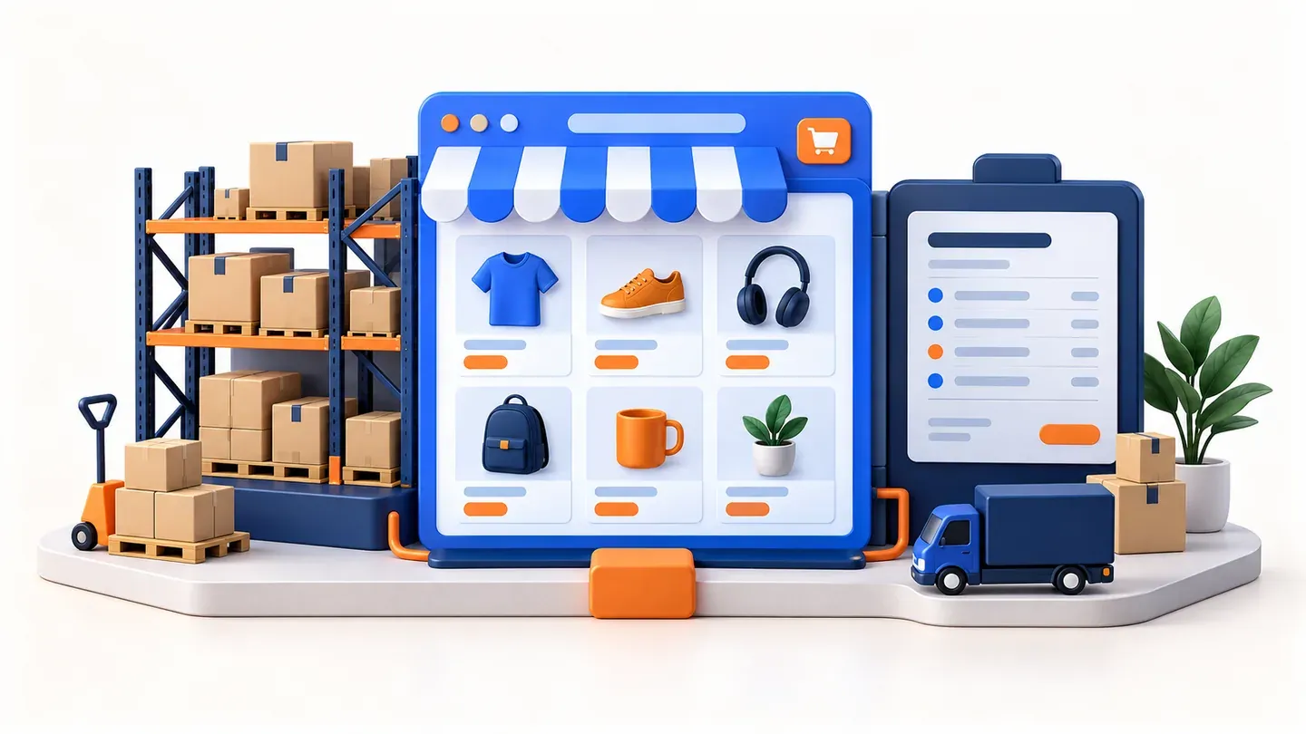 Miniatúrny e-shop s produktmi prepojený so skladovými regálmi a evidenčným panelom, doplnený škatuľami a nákladným autom.