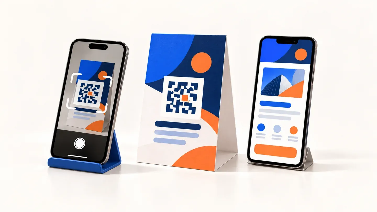 Dva telefóny na stojanoch a tlačený leták s abstraktným QR vzorom; jeden telefón zobrazuje skenovanie, druhý mobilnú stránku.